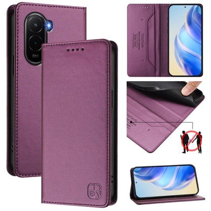 Xiaomi Poco M7 4G 169mm Dual-Folded Magnetic Suction RFID Blocking PU Leather Wallet Phone Case with Card Slots, Cash Pocket, Kickstand, Full Protective Flip Cover