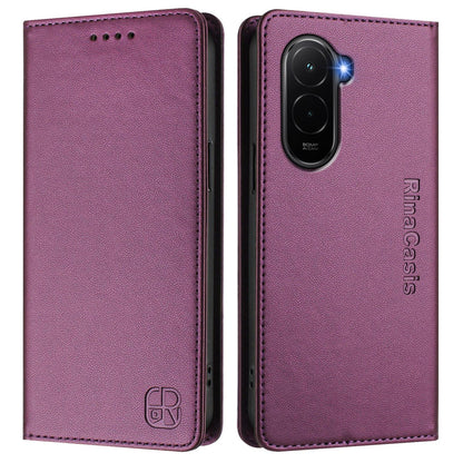 Xiaomi Poco M7 4G 169mm Dual-Folded Magnetic Suction RFID Blocking PU Leather Wallet Phone Case with Card Slots, Cash Pocket, Kickstand, Full Protective Flip Cover