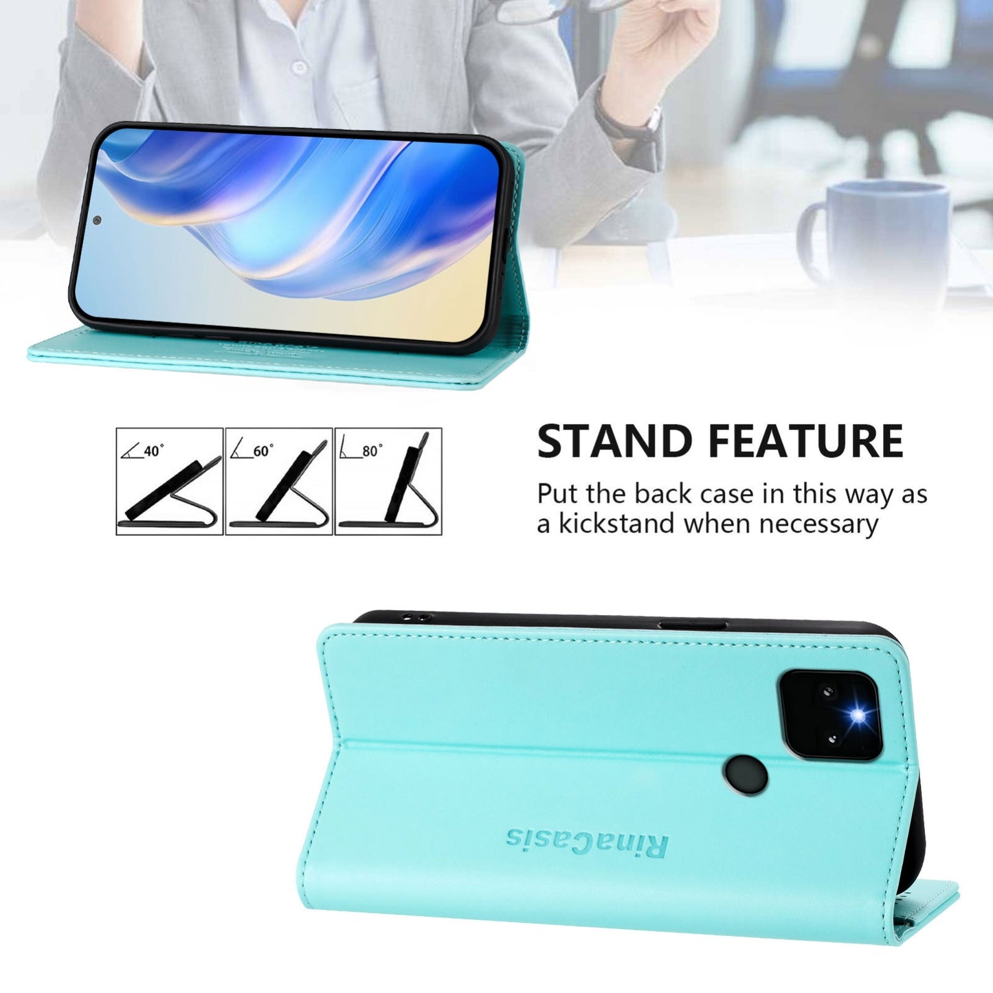 Google Pixel 5a Dual-Folded Magnetic Suction RFID Blocking PU Leather Wallet Phone Case with Card Slots, Cash Pocket, Kickstand, Full Protective Flip Cover
