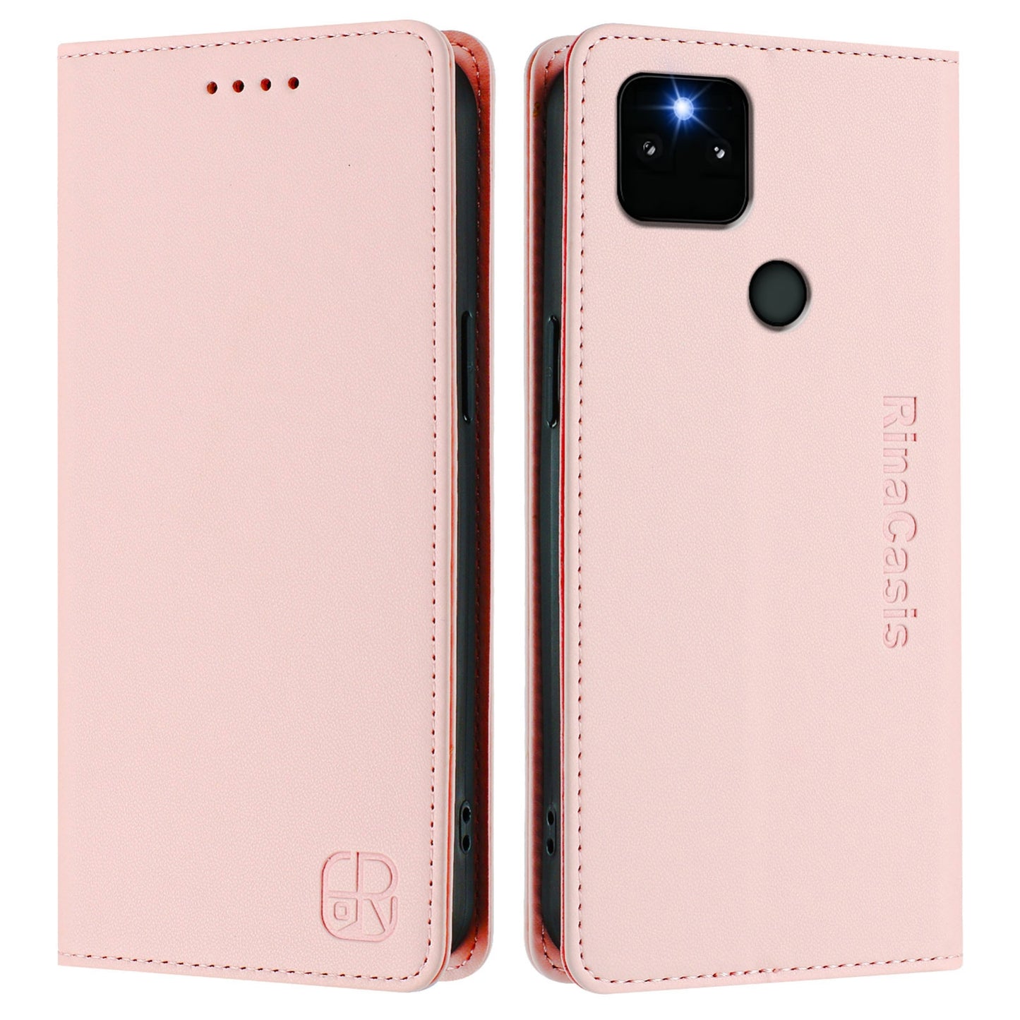 Google Pixel 5a Dual-Folded Magnetic Suction RFID Blocking PU Leather Wallet Phone Case with Card Slots, Cash Pocket, Kickstand, Full Protective Flip Cover