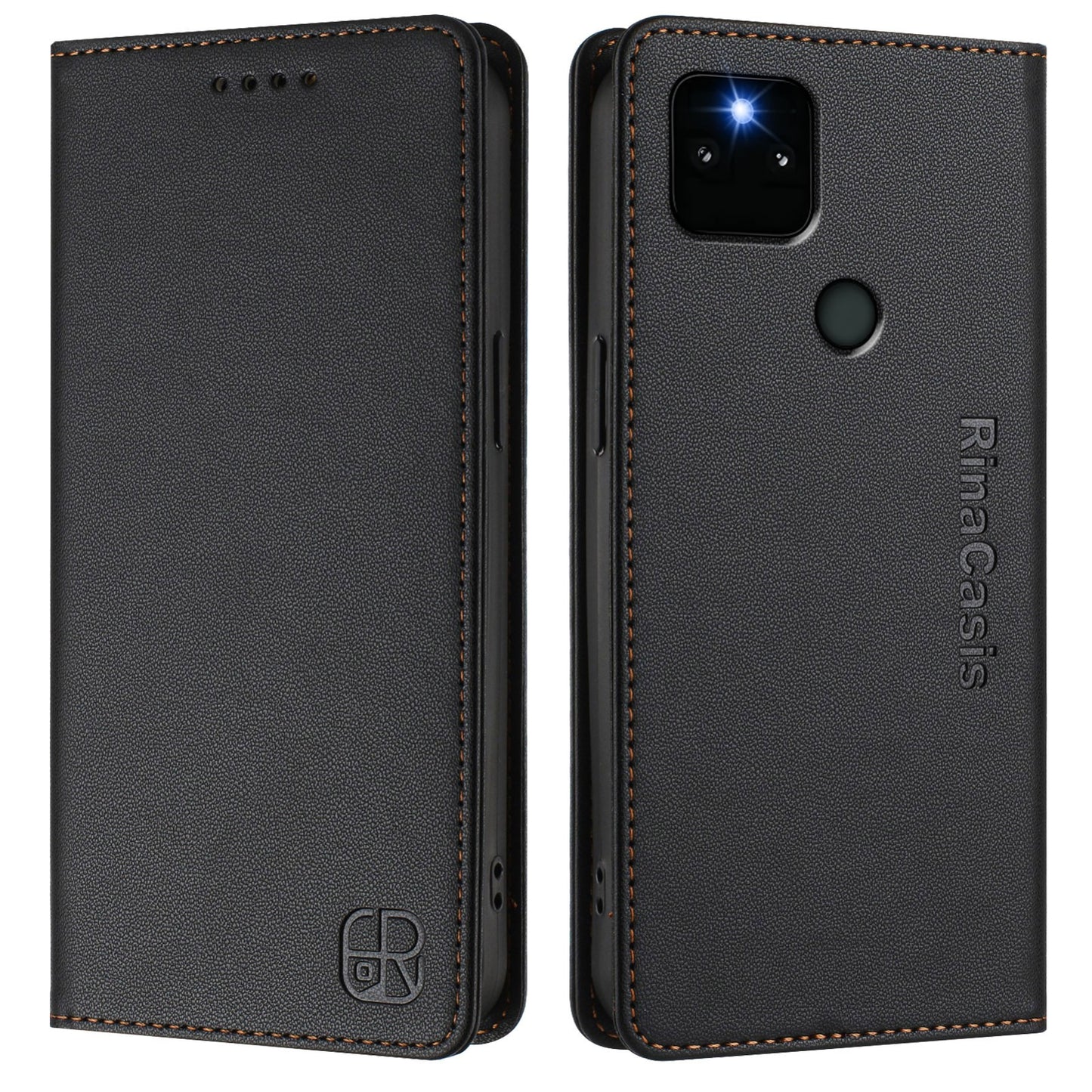 Google Pixel 5a Dual-Folded Magnetic Suction RFID Blocking PU Leather Wallet Phone Case with Card Slots, Cash Pocket, Kickstand, Full Protective Flip Cover