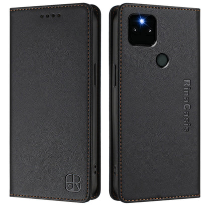 Google Pixel 5a Dual-Folded Magnetic Suction RFID Blocking PU Leather Wallet Phone Case with Card Slots, Cash Pocket, Kickstand, Full Protective Flip Cover