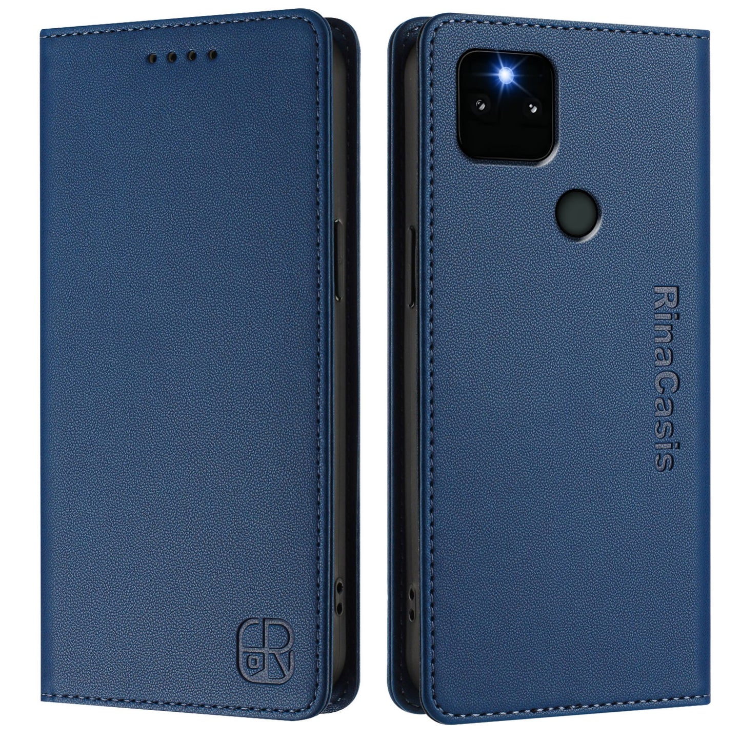 Google Pixel 5a Dual-Folded Magnetic Suction RFID Blocking PU Leather Wallet Phone Case with Card Slots, Cash Pocket, Kickstand, Full Protective Flip Cover