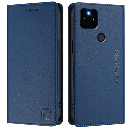 Google Pixel 5a Dual-Folded Magnetic Suction RFID Blocking PU Leather Wallet Phone Case with Card Slots, Cash Pocket, Kickstand, Full Protective Flip Cover
