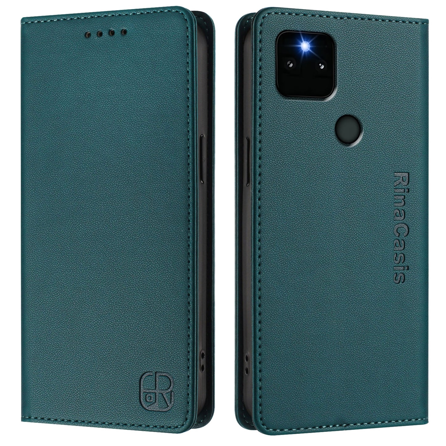 Google Pixel 5a Dual-Folded Magnetic Suction RFID Blocking PU Leather Wallet Phone Case with Card Slots, Cash Pocket, Kickstand, Full Protective Flip Cover