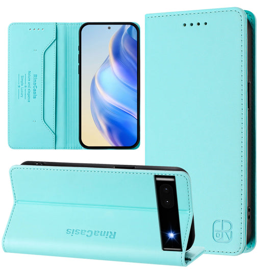 Google Pixel 6a Dual-Folded Magnetic Suction RFID Blocking PU Leather Wallet Phone Case with Card Slots, Cash Pocket, Kickstand, Full Protective Flip Cover