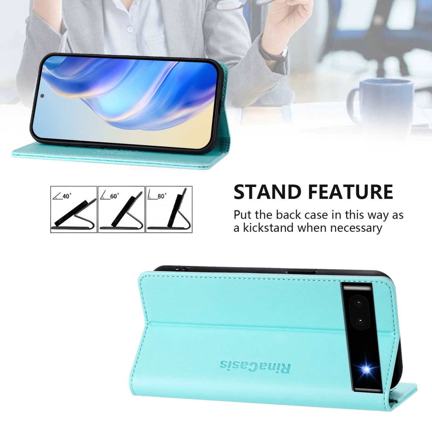 Google Pixel 6a Dual-Folded Magnetic Suction RFID Blocking PU Leather Wallet Phone Case with Card Slots, Cash Pocket, Kickstand, Full Protective Flip Cover