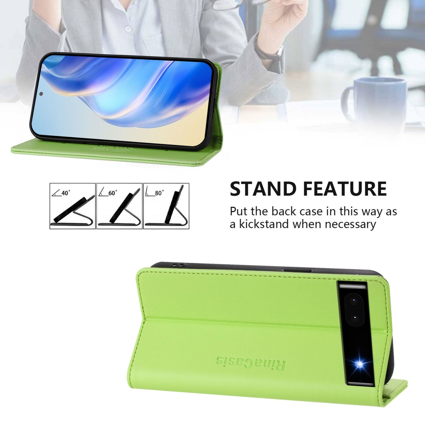 Google Pixel 6a Dual-Folded Magnetic Suction RFID Blocking PU Leather Wallet Phone Case with Card Slots, Cash Pocket, Kickstand, Full Protective Flip Cover