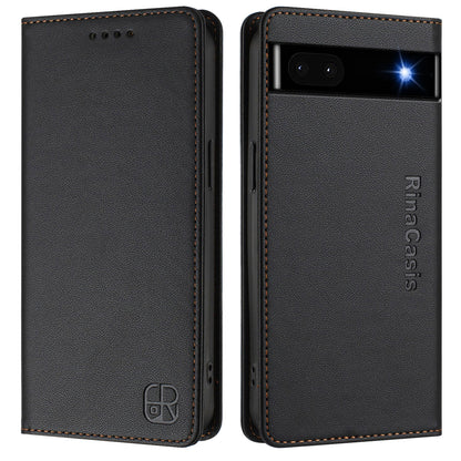 Google Pixel 6a Dual-Folded Magnetic Suction RFID Blocking PU Leather Wallet Phone Case with Card Slots, Cash Pocket, Kickstand, Full Protective Flip Cover
