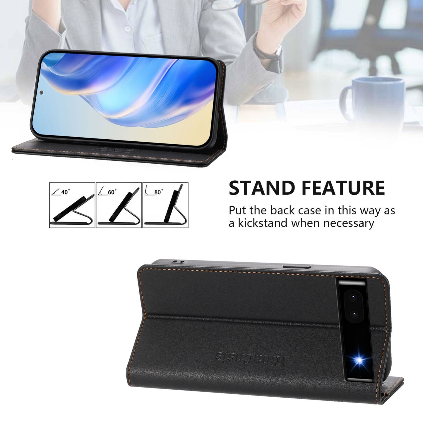 Google Pixel 6a Dual-Folded Magnetic Suction RFID Blocking PU Leather Wallet Phone Case with Card Slots, Cash Pocket, Kickstand, Full Protective Flip Cover