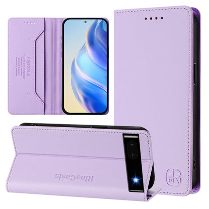 Google Pixel 6a Dual-Folded Magnetic Suction RFID Blocking PU Leather Wallet Phone Case with Card Slots, Cash Pocket, Kickstand, Full Protective Flip Cover