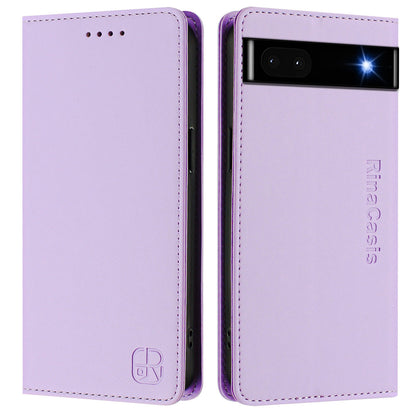 Google Pixel 6a Dual-Folded Magnetic Suction RFID Blocking PU Leather Wallet Phone Case with Card Slots, Cash Pocket, Kickstand, Full Protective Flip Cover