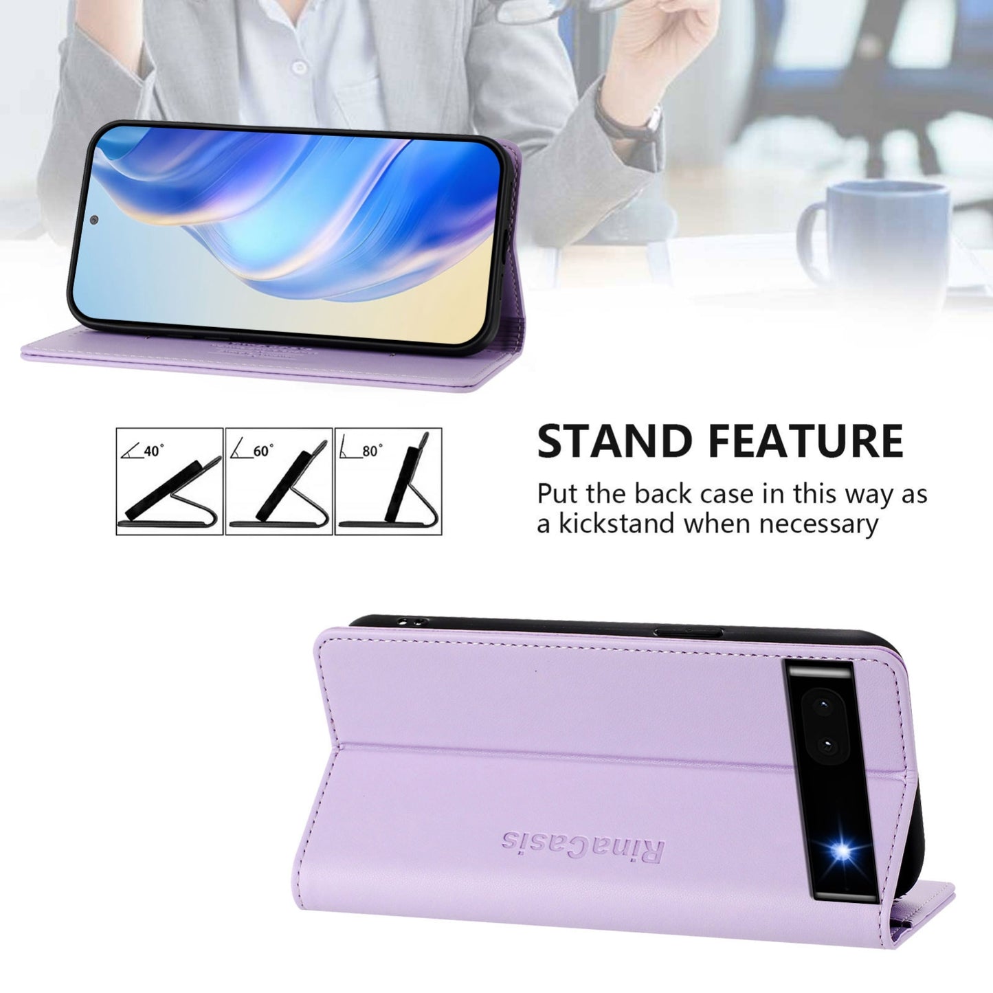 Google Pixel 6a Dual-Folded Magnetic Suction RFID Blocking PU Leather Wallet Phone Case with Card Slots, Cash Pocket, Kickstand, Full Protective Flip Cover