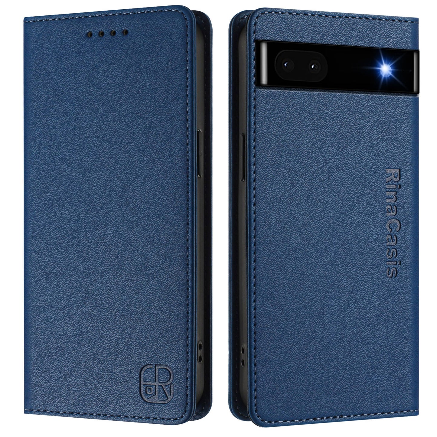 Google Pixel 6a Dual-Folded Magnetic Suction RFID Blocking PU Leather Wallet Phone Case with Card Slots, Cash Pocket, Kickstand, Full Protective Flip Cover