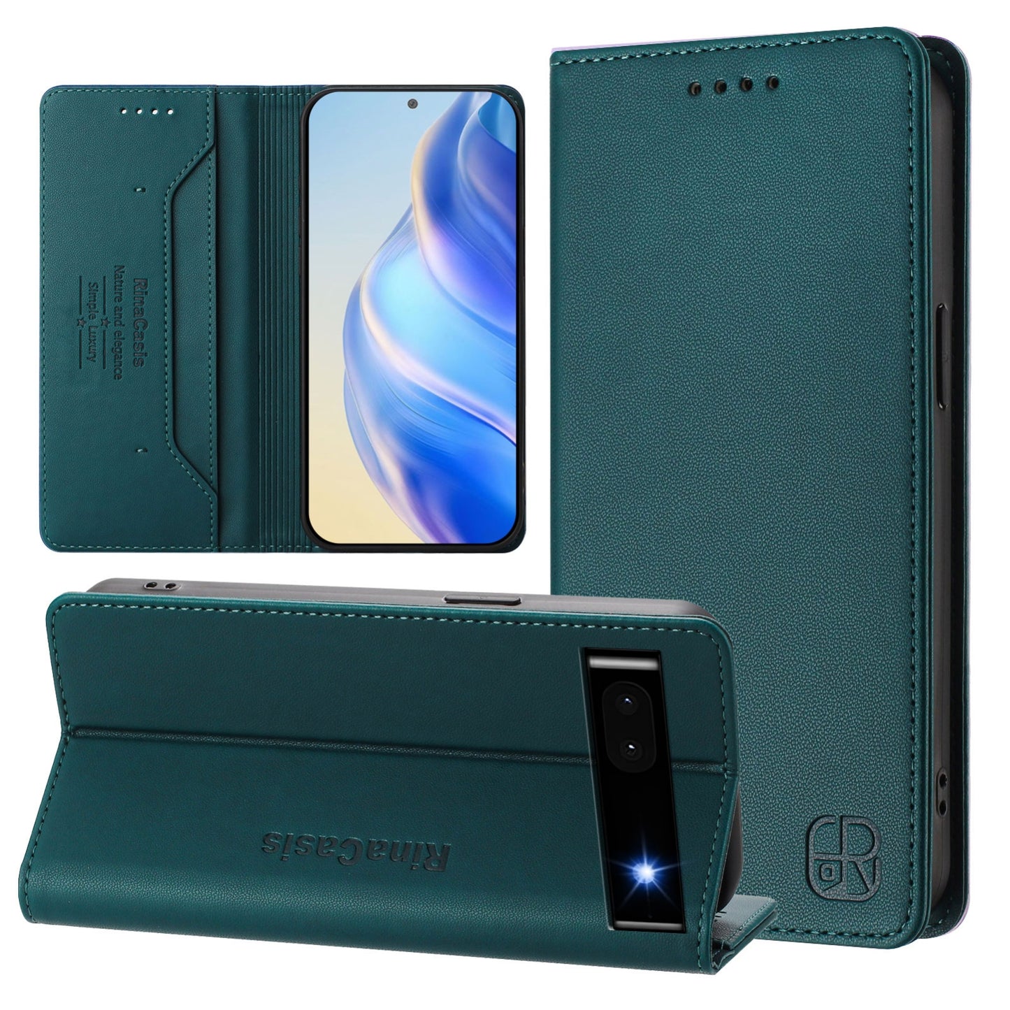 Google Pixel 6a Dual-Folded Magnetic Suction RFID Blocking PU Leather Wallet Phone Case with Card Slots, Cash Pocket, Kickstand, Full Protective Flip Cover