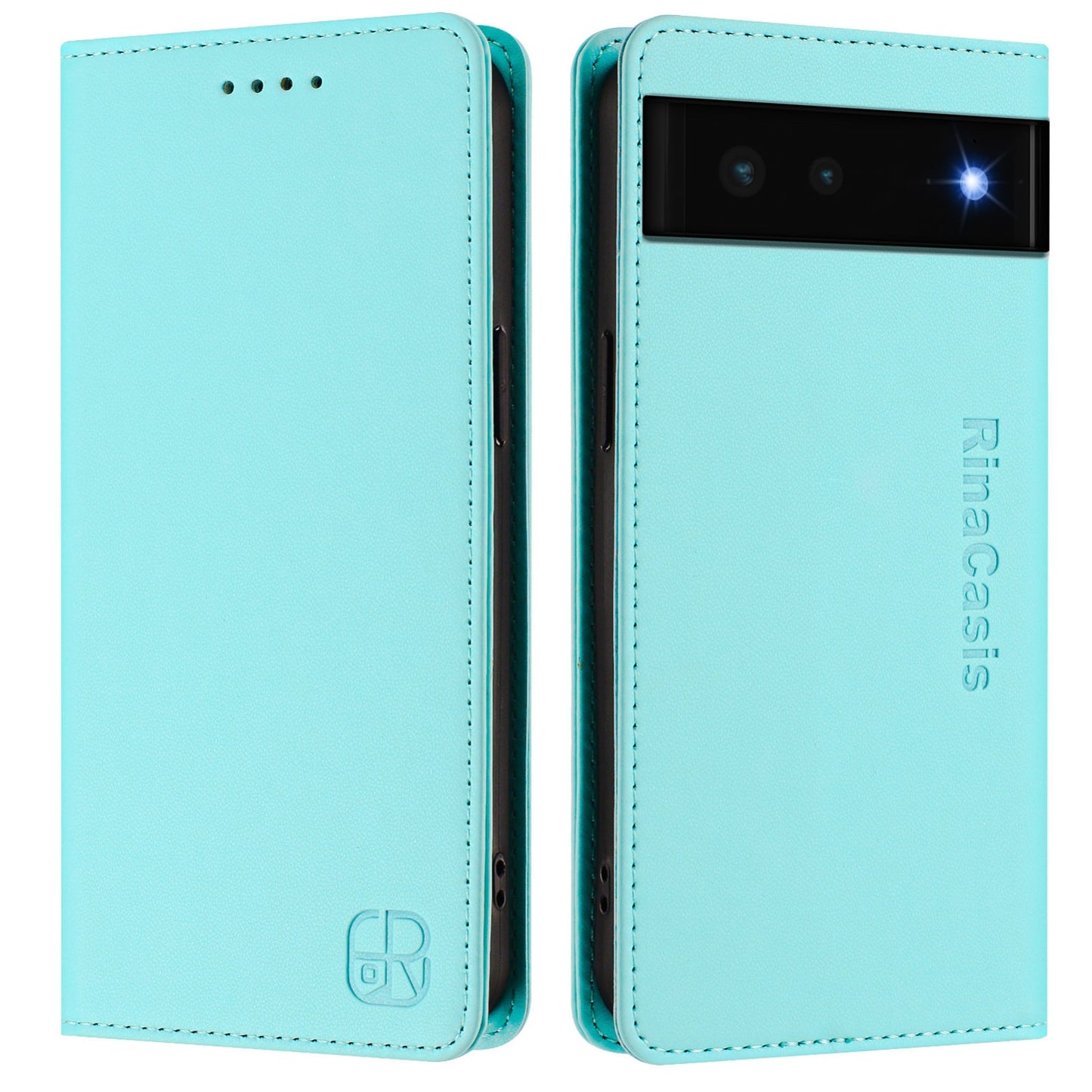 Google Pixel 6 Dual-Folded Magnetic Suction RFID Blocking PU Leather Wallet Phone Case with Card Slots, Cash Pocket, Kickstand, Full Protective Flip Cover
