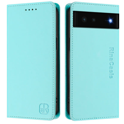 Google Pixel 6 Dual-Folded Magnetic Suction RFID Blocking PU Leather Wallet Phone Case with Card Slots, Cash Pocket, Kickstand, Full Protective Flip Cover