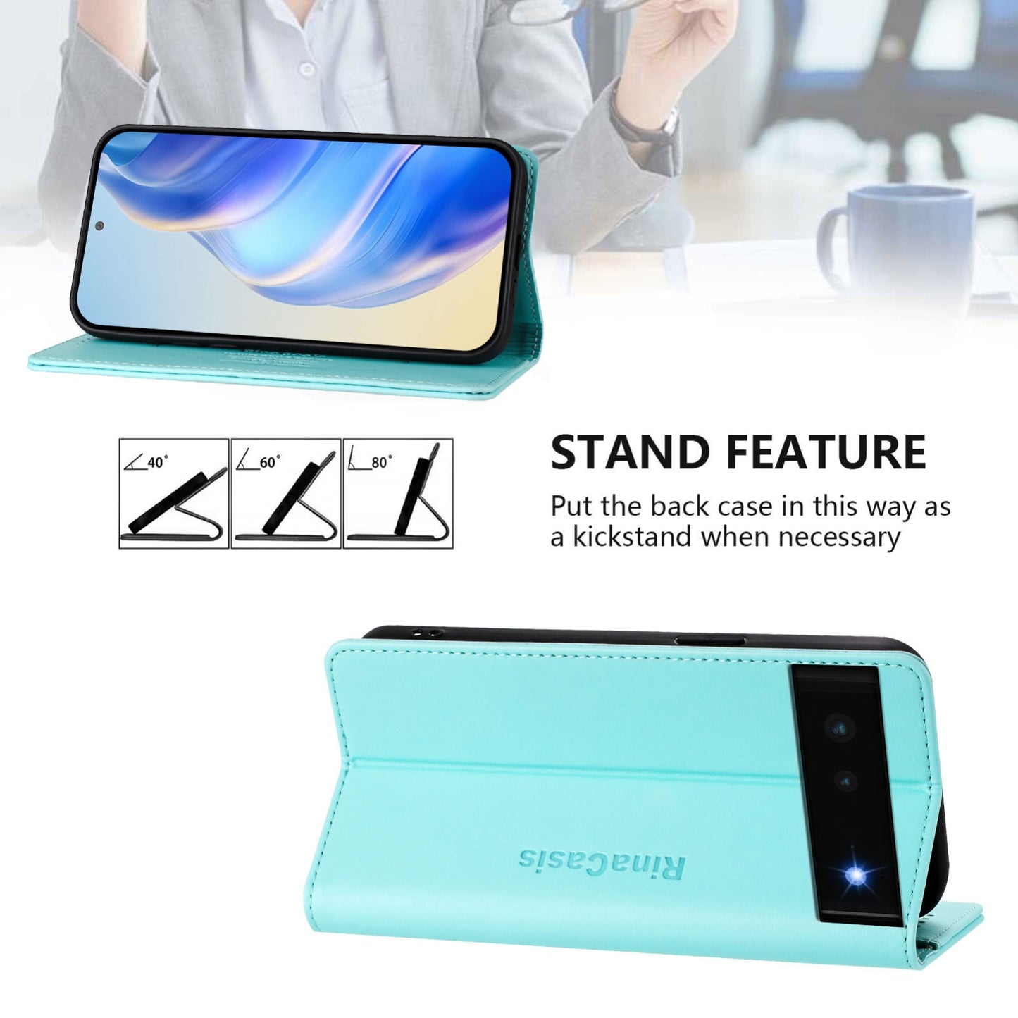 Google Pixel 6 Dual-Folded Magnetic Suction RFID Blocking PU Leather Wallet Phone Case with Card Slots, Cash Pocket, Kickstand, Full Protective Flip Cover