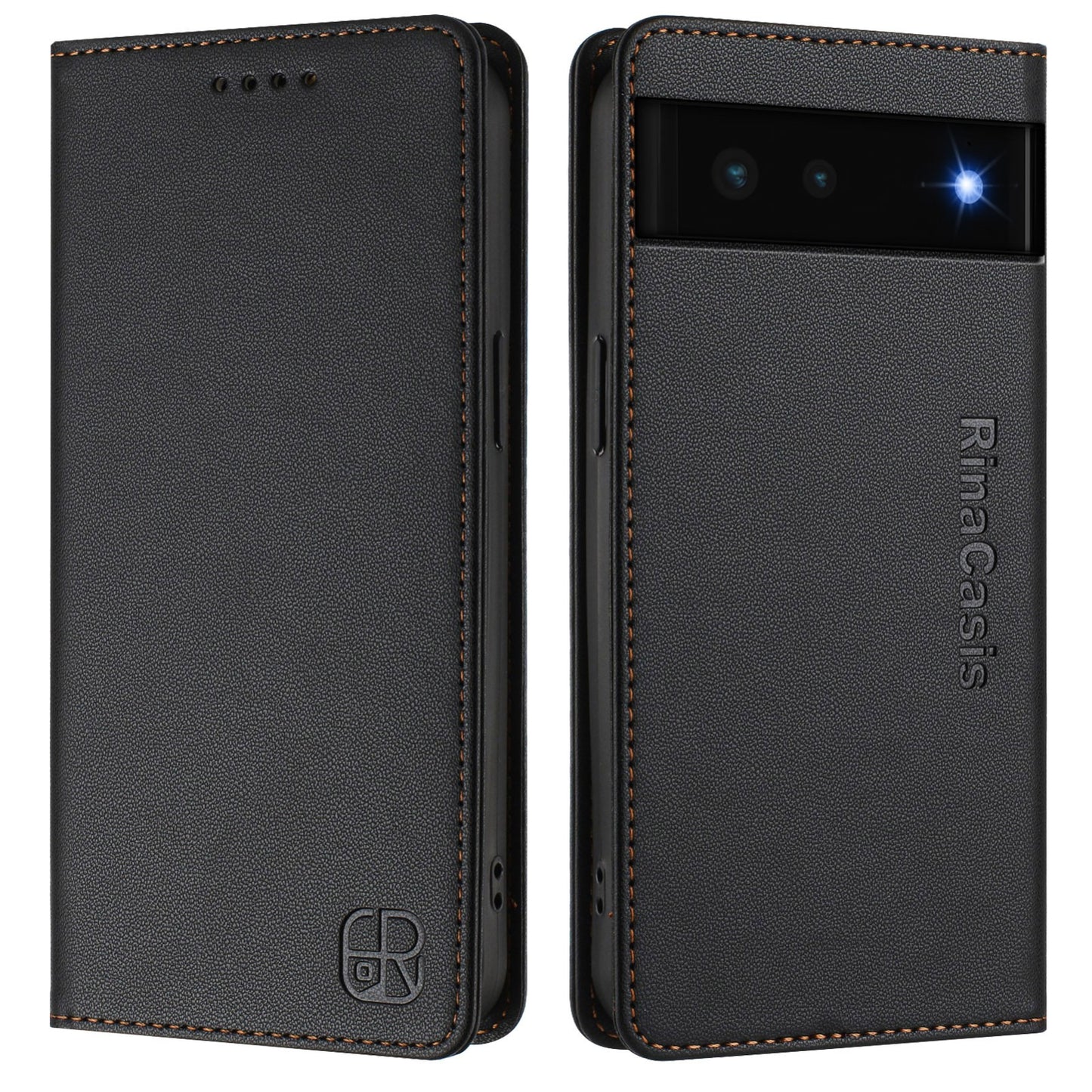 Google Pixel 6 Dual-Folded Magnetic Suction RFID Blocking PU Leather Wallet Phone Case with Card Slots, Cash Pocket, Kickstand, Full Protective Flip Cover
