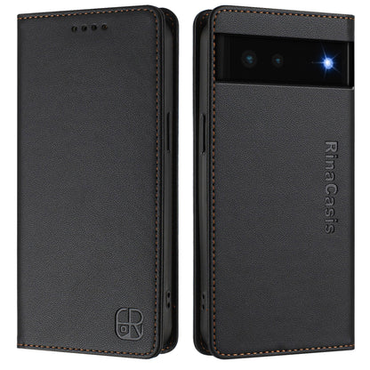 Google Pixel 6 Dual-Folded Magnetic Suction RFID Blocking PU Leather Wallet Phone Case with Card Slots, Cash Pocket, Kickstand, Full Protective Flip Cover