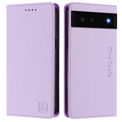 Google Pixel 6 Dual-Folded Magnetic Suction RFID Blocking PU Leather Wallet Phone Case with Card Slots, Cash Pocket, Kickstand, Full Protective Flip Cover