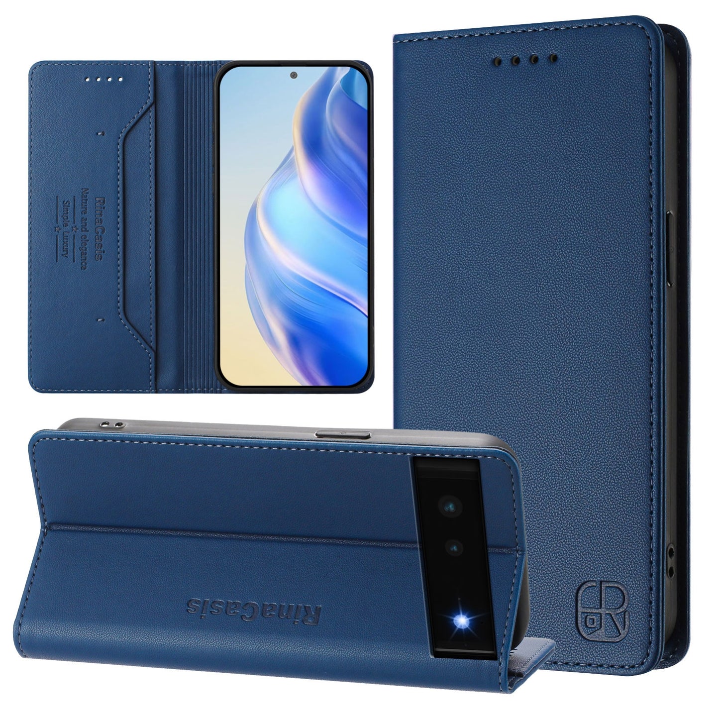 Google Pixel 6 Dual-Folded Magnetic Suction RFID Blocking PU Leather Wallet Phone Case with Card Slots, Cash Pocket, Kickstand, Full Protective Flip Cover