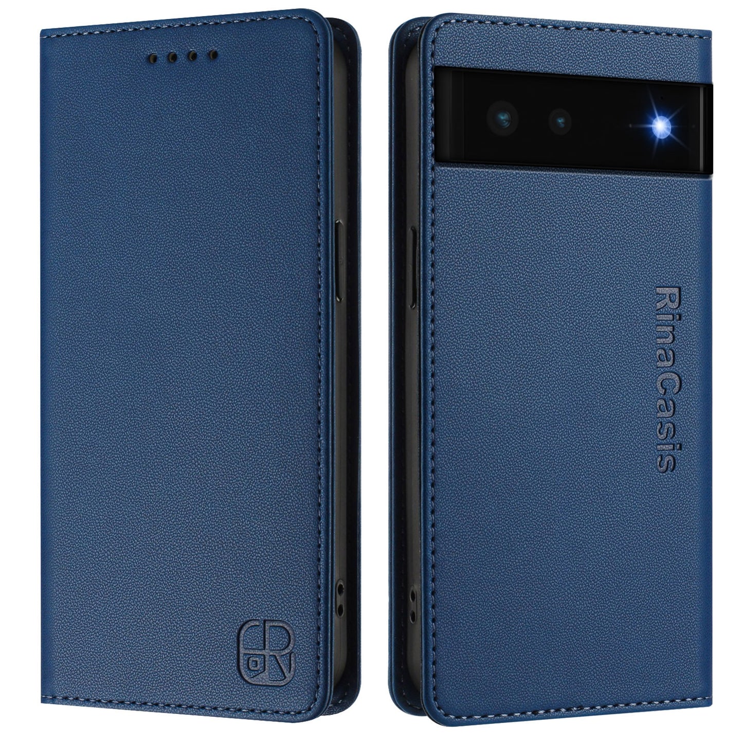Google Pixel 6 Dual-Folded Magnetic Suction RFID Blocking PU Leather Wallet Phone Case with Card Slots, Cash Pocket, Kickstand, Full Protective Flip Cover