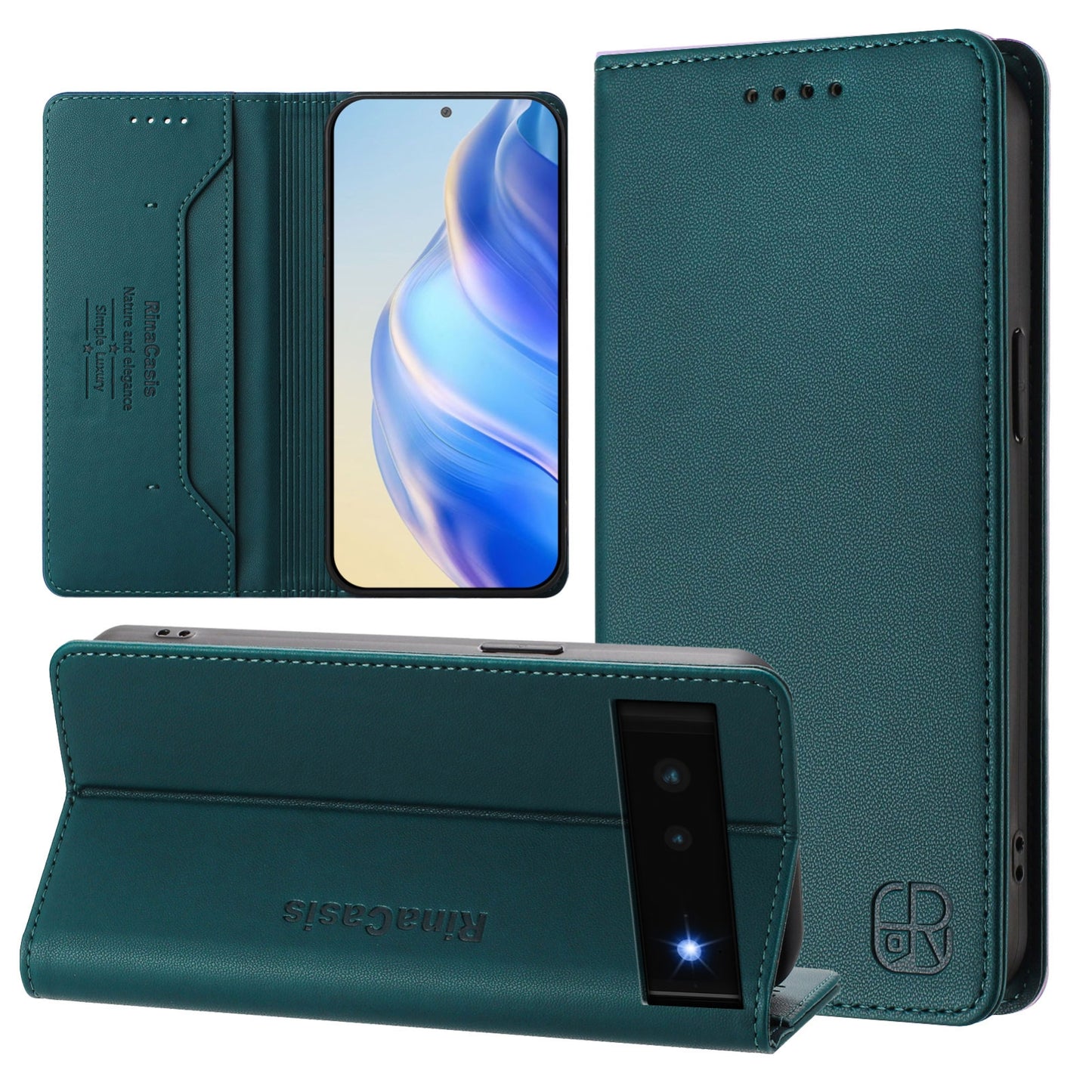 Google Pixel 6 Dual-Folded Magnetic Suction RFID Blocking PU Leather Wallet Phone Case with Card Slots, Cash Pocket, Kickstand, Full Protective Flip Cover