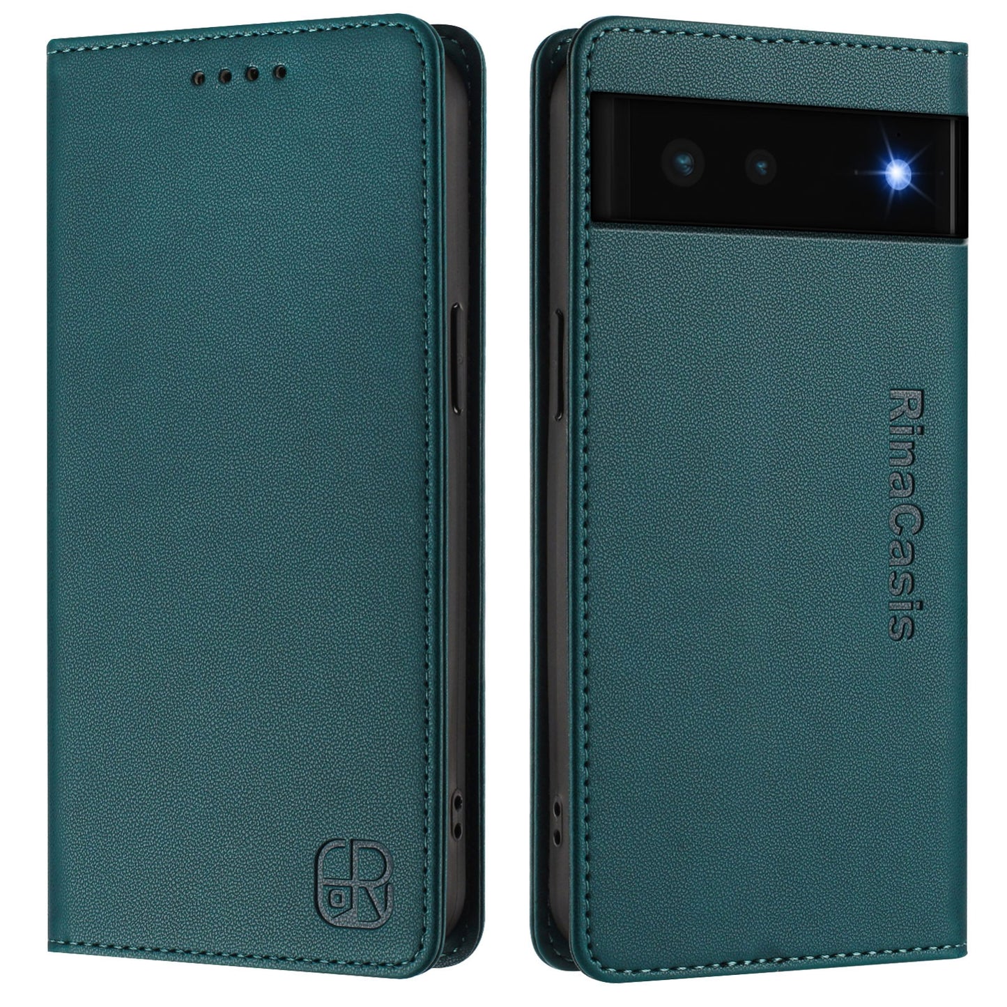 Google Pixel 6 Dual-Folded Magnetic Suction RFID Blocking PU Leather Wallet Phone Case with Card Slots, Cash Pocket, Kickstand, Full Protective Flip Cover