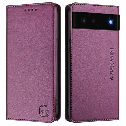 Google Pixel 6 Dual-Folded Magnetic Suction RFID Blocking PU Leather Wallet Phone Case with Card Slots, Cash Pocket, Kickstand, Full Protective Flip Cover
