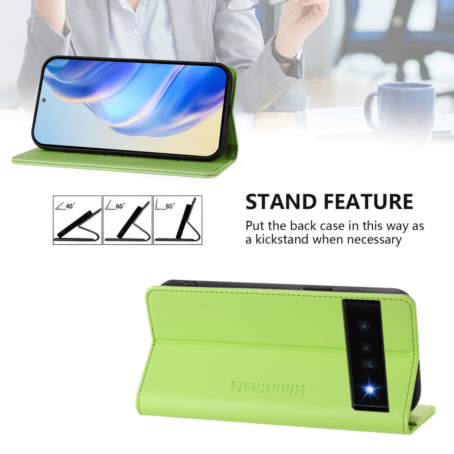 Google Pixel 6 Pro Dual-Folded Magnetic Suction RFID Blocking PU Leather Wallet Phone Case with Card Slots, Cash Pocket, Kickstand, Full Protective Flip Cover