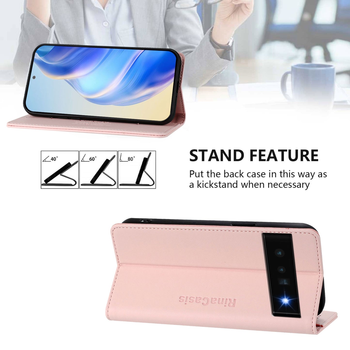 Google Pixel 6 Pro Dual-Folded Magnetic Suction RFID Blocking PU Leather Wallet Phone Case with Card Slots, Cash Pocket, Kickstand, Full Protective Flip Cover