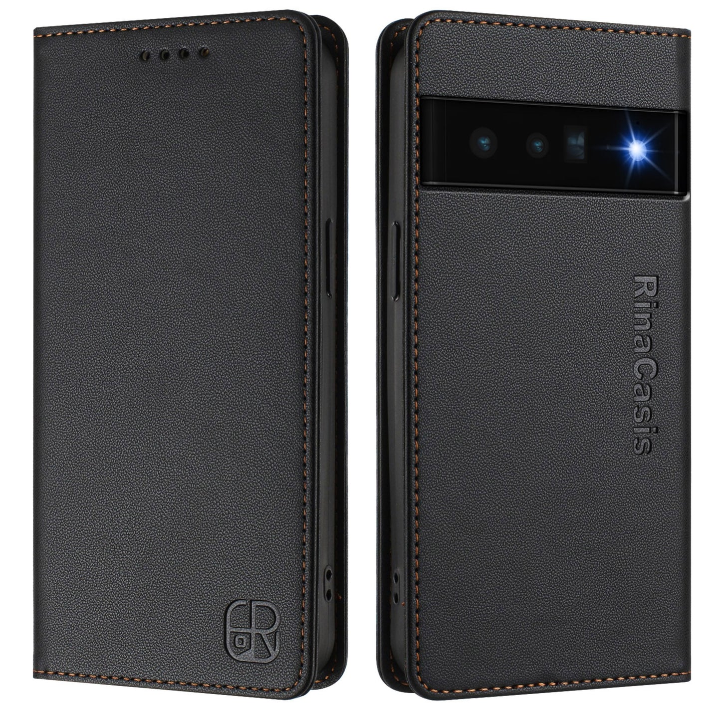 Google Pixel 6 Pro Dual-Folded Magnetic Suction RFID Blocking PU Leather Wallet Phone Case with Card Slots, Cash Pocket, Kickstand, Full Protective Flip Cover