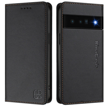 Google Pixel 6 Pro Dual-Folded Magnetic Suction RFID Blocking PU Leather Wallet Phone Case with Card Slots, Cash Pocket, Kickstand, Full Protective Flip Cover
