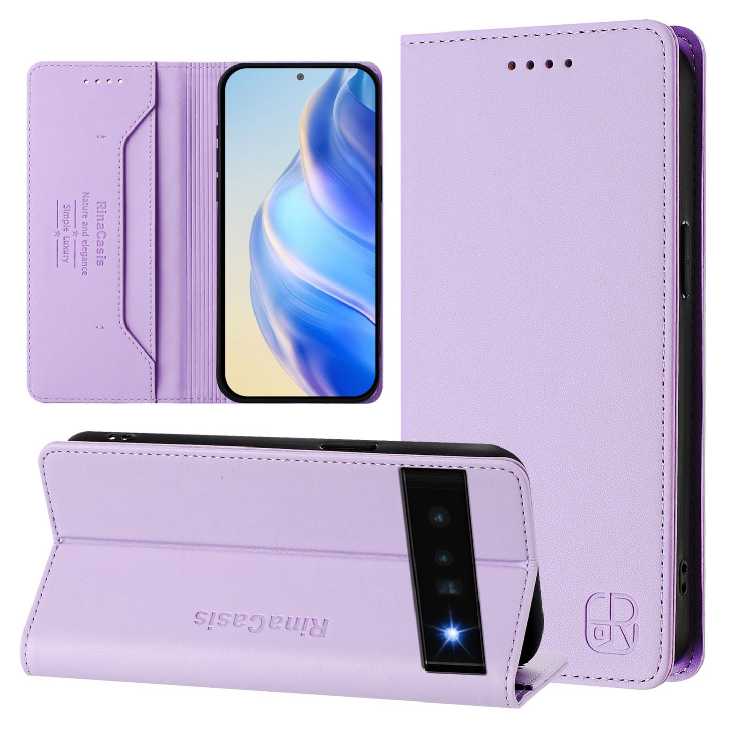 Google Pixel 6 Pro Dual-Folded Magnetic Suction RFID Blocking PU Leather Wallet Phone Case with Card Slots, Cash Pocket, Kickstand, Full Protective Flip Cover