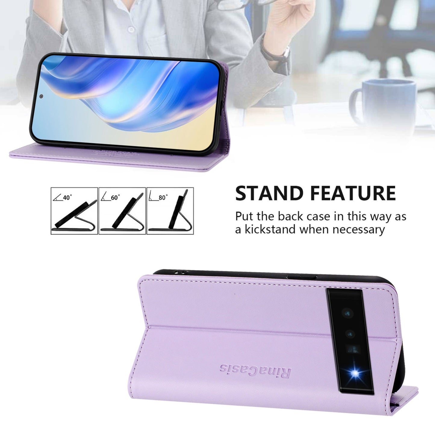 Google Pixel 6 Pro Dual-Folded Magnetic Suction RFID Blocking PU Leather Wallet Phone Case with Card Slots, Cash Pocket, Kickstand, Full Protective Flip Cover