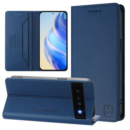 Google Pixel 6 Pro Dual-Folded Magnetic Suction RFID Blocking PU Leather Wallet Phone Case with Card Slots, Cash Pocket, Kickstand, Full Protective Flip Cover