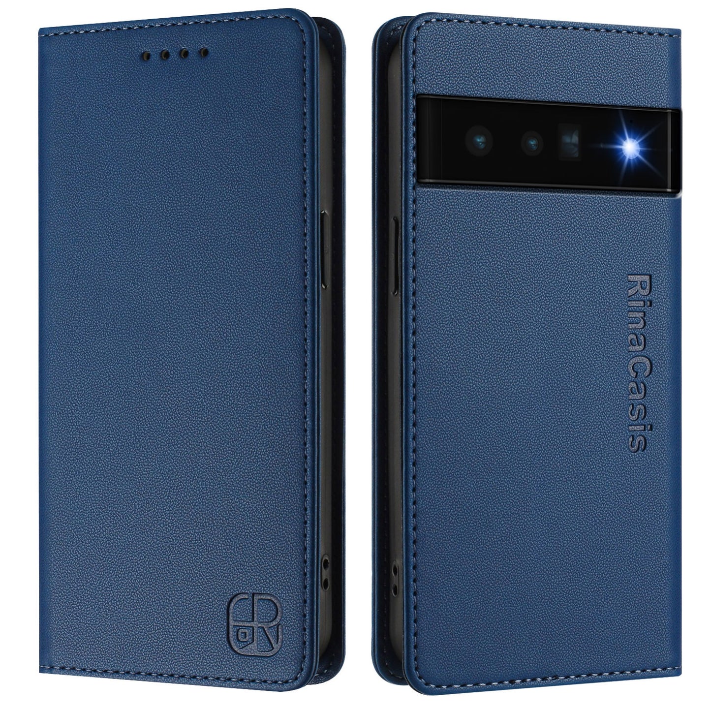 Google Pixel 6 Pro Dual-Folded Magnetic Suction RFID Blocking PU Leather Wallet Phone Case with Card Slots, Cash Pocket, Kickstand, Full Protective Flip Cover