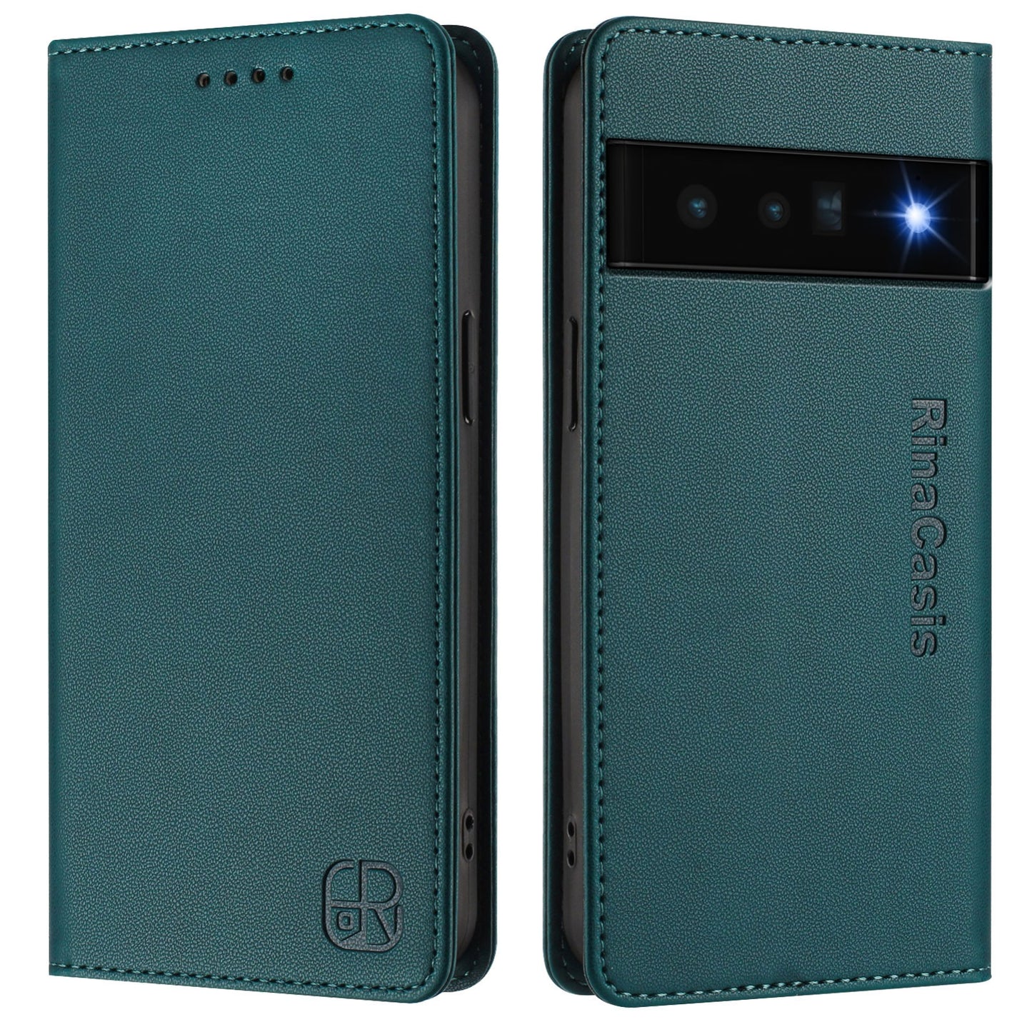 Google Pixel 6 Pro Dual-Folded Magnetic Suction RFID Blocking PU Leather Wallet Phone Case with Card Slots, Cash Pocket, Kickstand, Full Protective Flip Cover