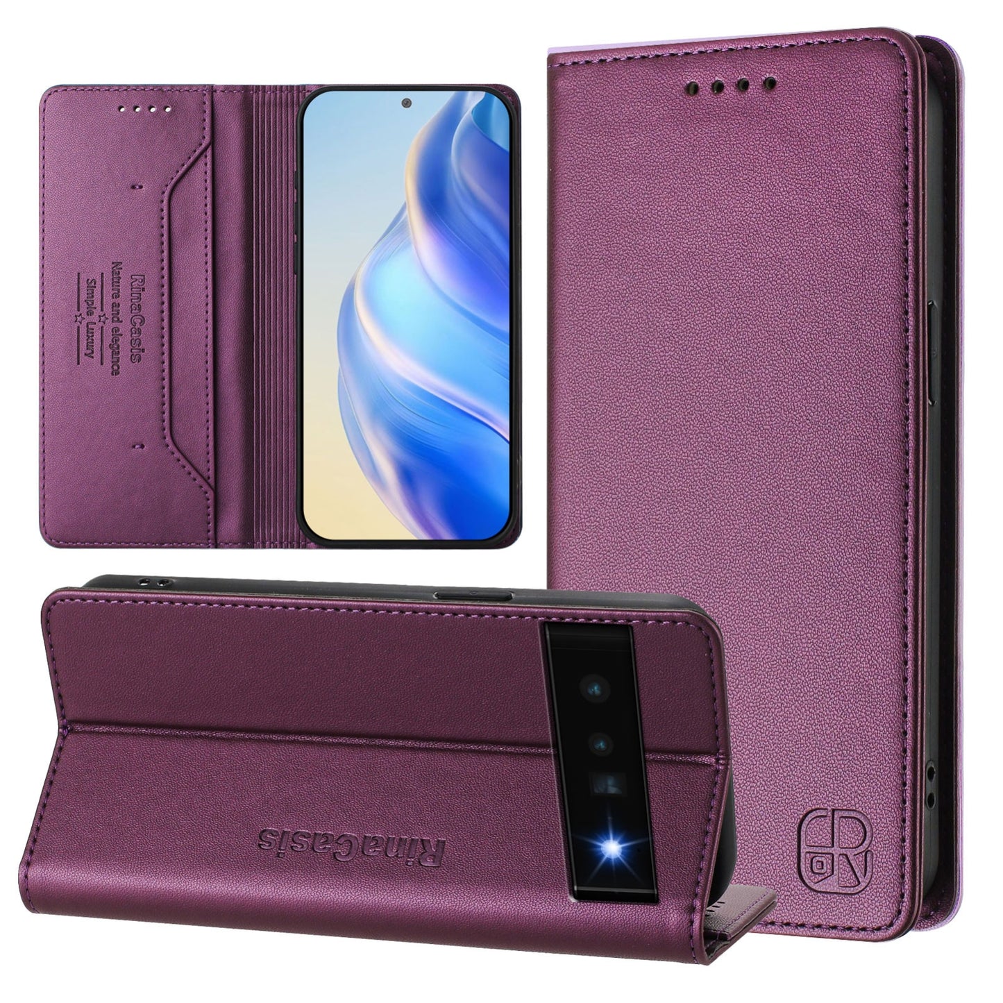 Google Pixel 6 Pro Dual-Folded Magnetic Suction RFID Blocking PU Leather Wallet Phone Case with Card Slots, Cash Pocket, Kickstand, Full Protective Flip Cover