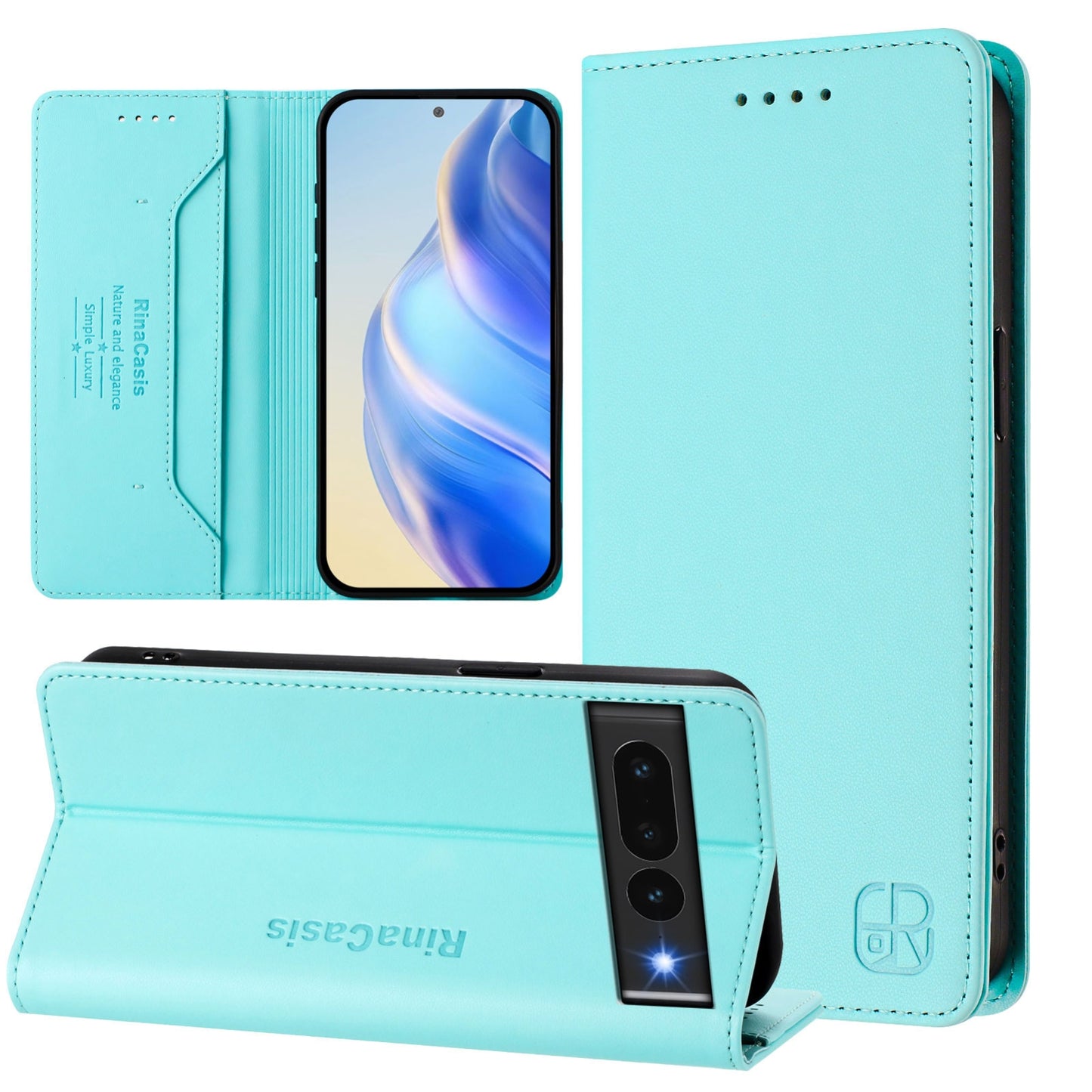Google Pixel 7 Pro Dual-Folded Magnetic Suction RFID Blocking PU Leather Wallet Phone Case with Card Slots, Cash Pocket, Kickstand, Full Protective Flip Cover