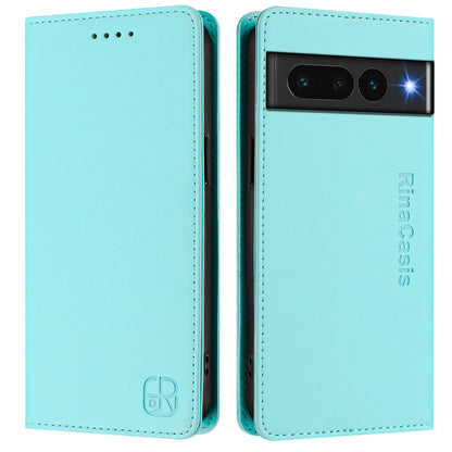 Google Pixel 7 Pro Dual-Folded Magnetic Suction RFID Blocking PU Leather Wallet Phone Case with Card Slots, Cash Pocket, Kickstand, Full Protective Flip Cover