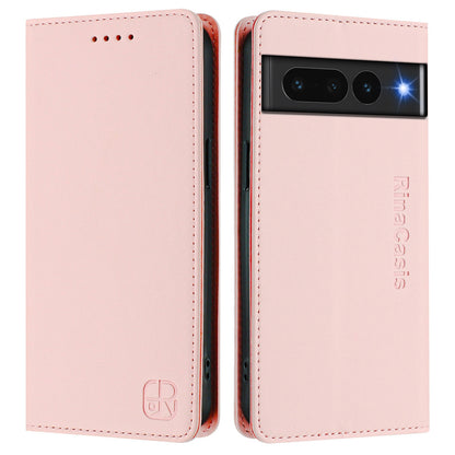 Google Pixel 7 Pro Dual-Folded Magnetic Suction RFID Blocking PU Leather Wallet Phone Case with Card Slots, Cash Pocket, Kickstand, Full Protective Flip Cover