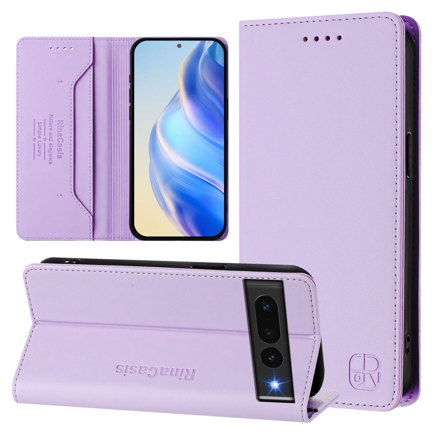 Google Pixel 7 Pro Dual-Folded Magnetic Suction RFID Blocking PU Leather Wallet Phone Case with Card Slots, Cash Pocket, Kickstand, Full Protective Flip Cover