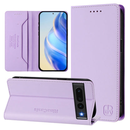 Google Pixel 7 Pro Dual-Folded Magnetic Suction RFID Blocking PU Leather Wallet Phone Case with Card Slots, Cash Pocket, Kickstand, Full Protective Flip Cover