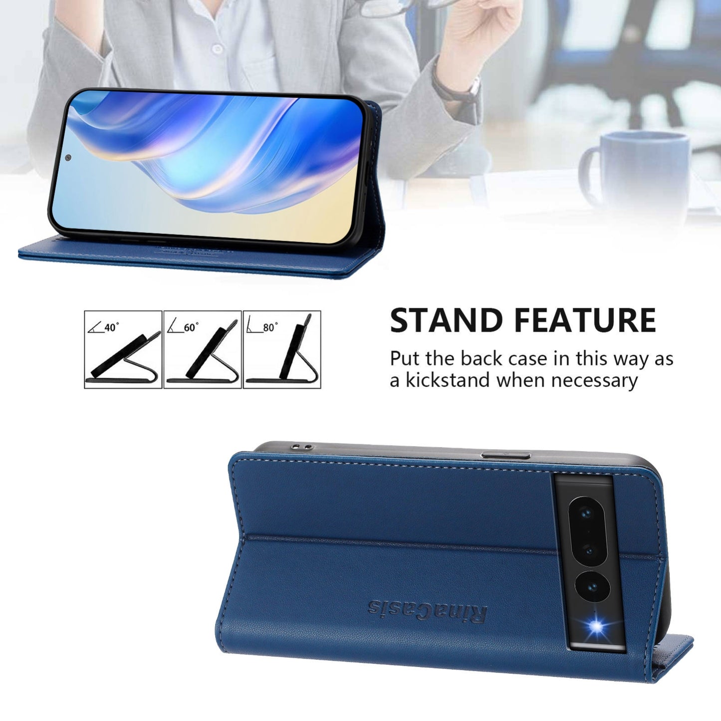Google Pixel 7 Pro Dual-Folded Magnetic Suction RFID Blocking PU Leather Wallet Phone Case with Card Slots, Cash Pocket, Kickstand, Full Protective Flip Cover