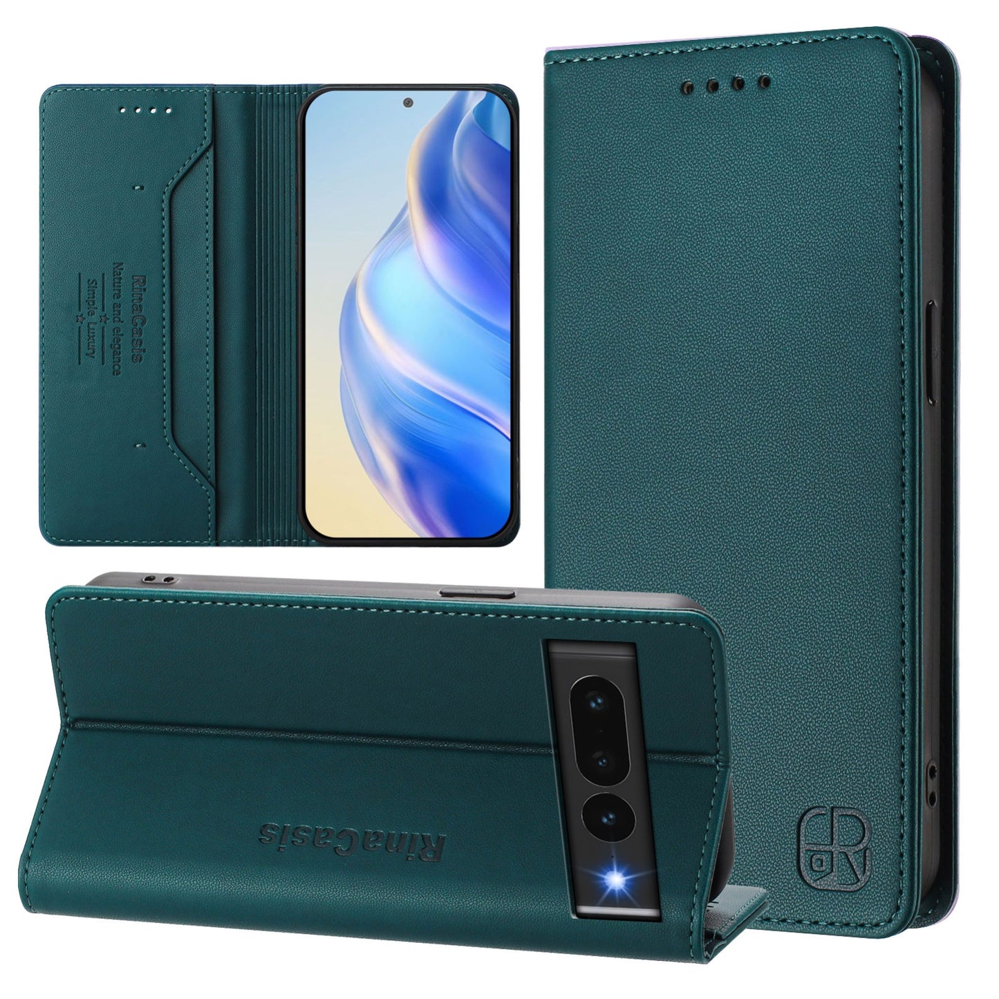 Google Pixel 7 Pro Dual-Folded Magnetic Suction RFID Blocking PU Leather Wallet Phone Case with Card Slots, Cash Pocket, Kickstand, Full Protective Flip Cover