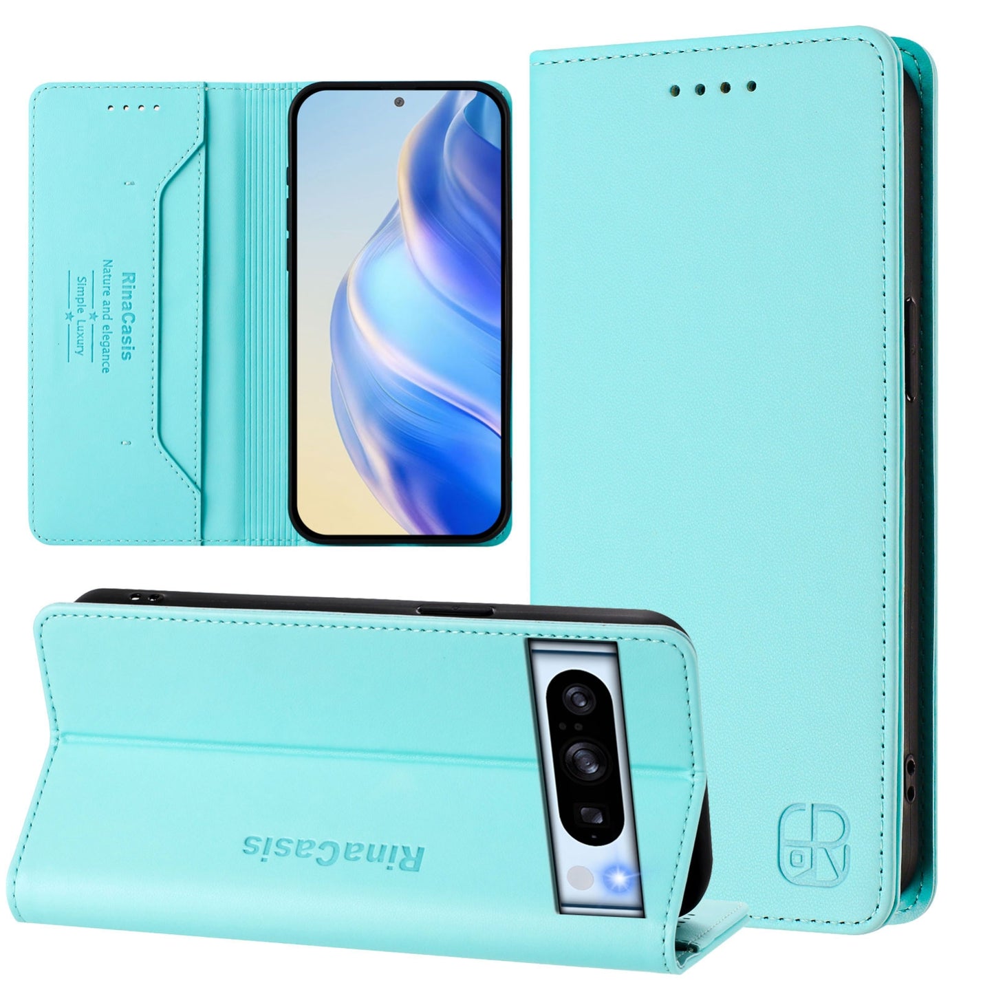 Google Pixel 8 Pro Dual-Folded Magnetic Suction RFID Blocking PU Leather Wallet Phone Case with Card Slots, Cash Pocket, Kickstand, Full Protective Flip Cover