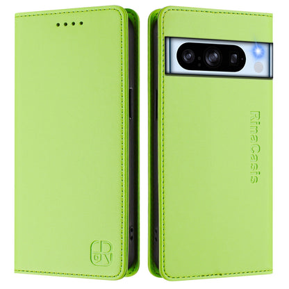 Google Pixel 8 Pro Dual-Folded Magnetic Suction RFID Blocking PU Leather Wallet Phone Case with Card Slots, Cash Pocket, Kickstand, Full Protective Flip Cover