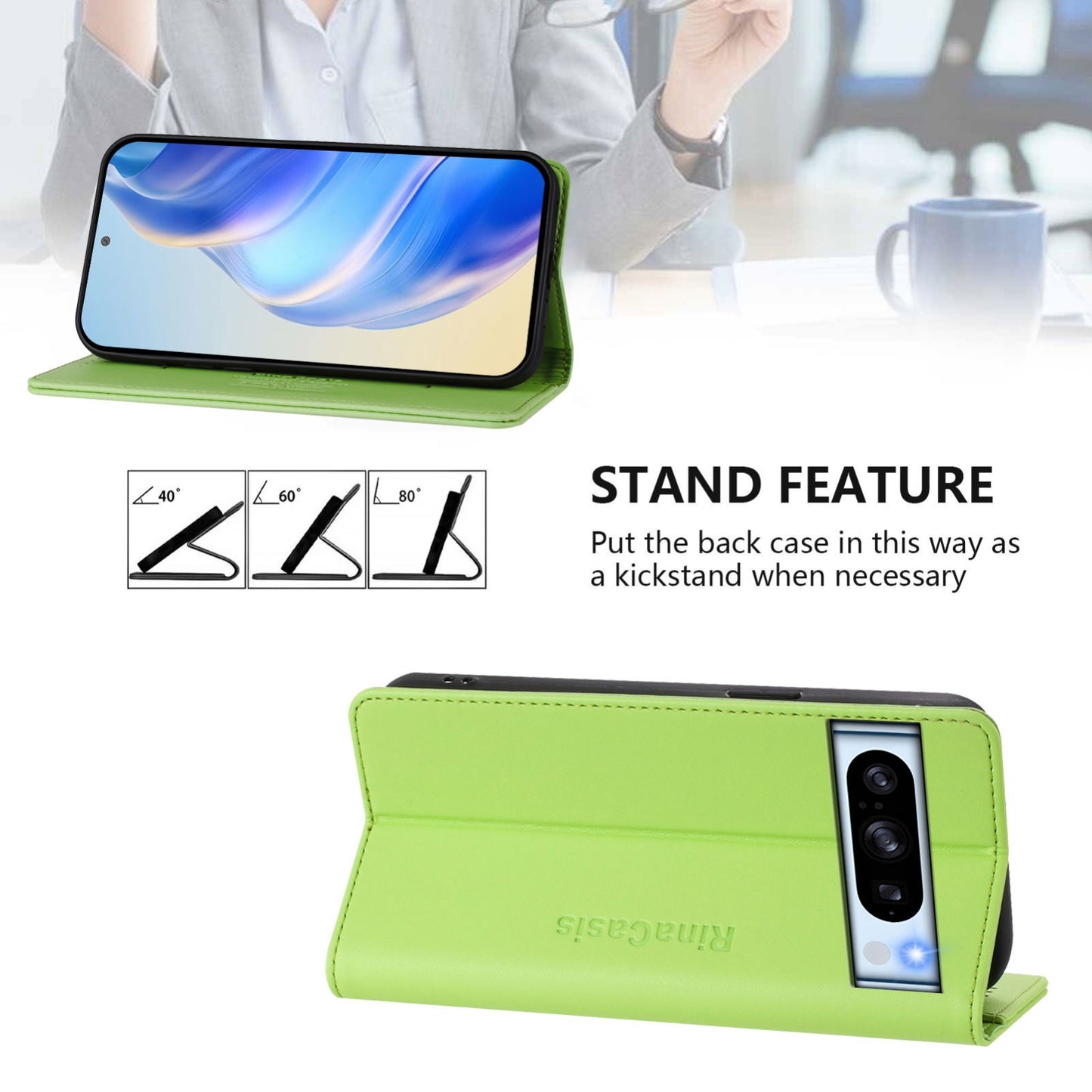 Google Pixel 8 Pro Dual-Folded Magnetic Suction RFID Blocking PU Leather Wallet Phone Case with Card Slots, Cash Pocket, Kickstand, Full Protective Flip Cover